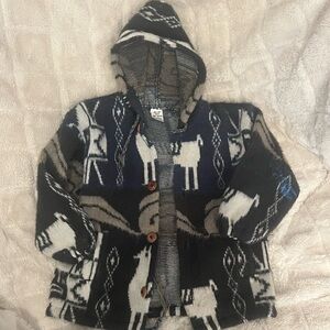 Kids Hooded Sweater Alpaca Inca Pattern Jacket - Black/ Blue and White